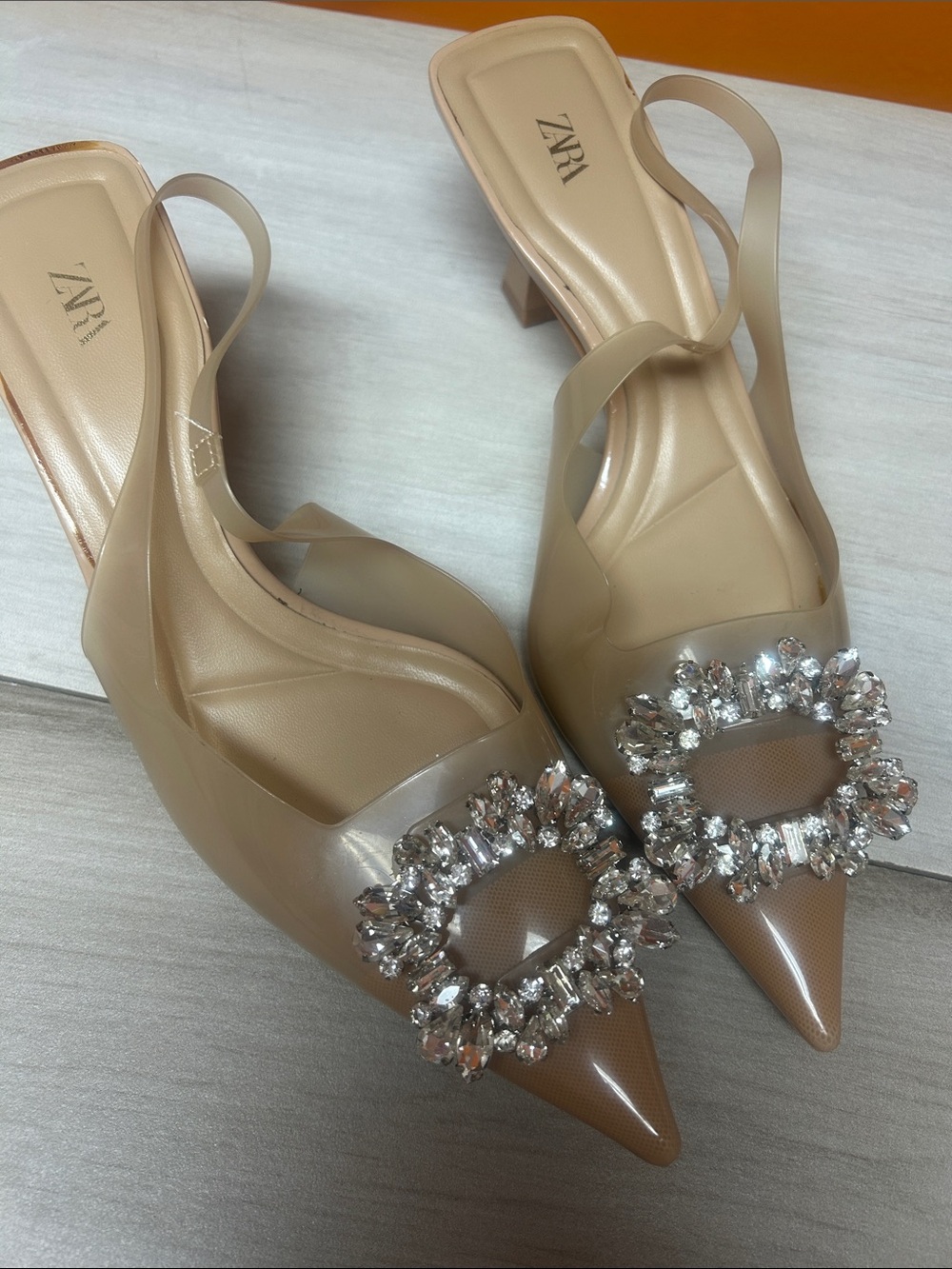 Zara Tan Heels with Crystal Embellishments